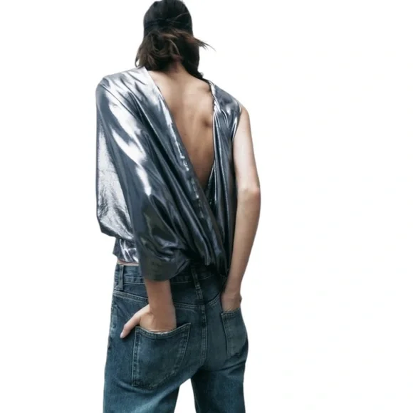 EUC Zara Asymmetric Metallic Top in Pewter - Picture 2 of 16